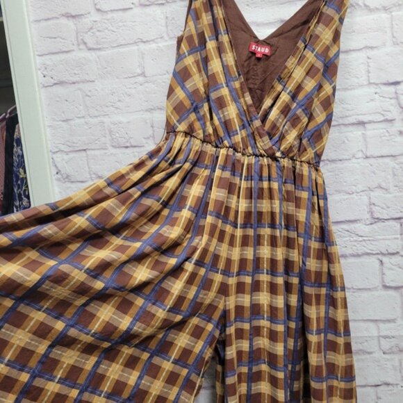 Staud Plaid Jumpsuit Extra Wide Leg Sleeveless Brown Blue Casual Size S - Picture 4 of 9